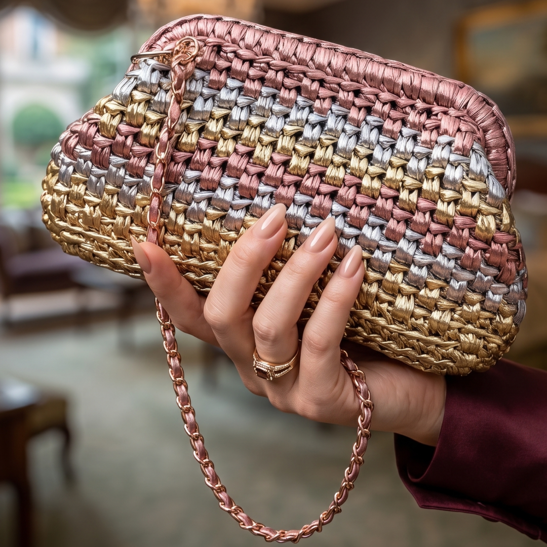 Shiroli Handmade Designer Metallic Trinity - Clutch Crochet Bag - Image 7