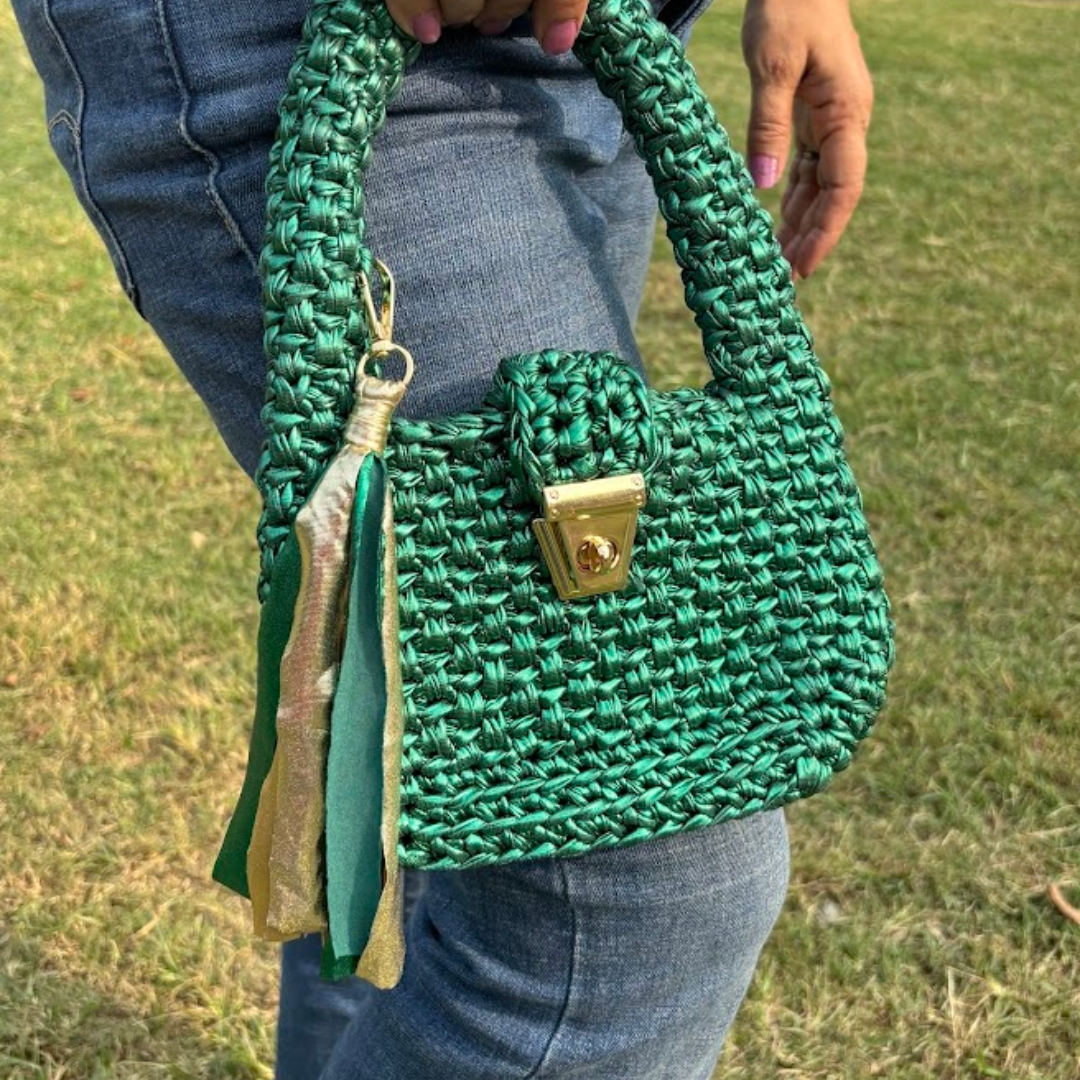Shiroli Handmade Metallic Emerald Green - Top Handle Satchel Crochet Bag- Image 6