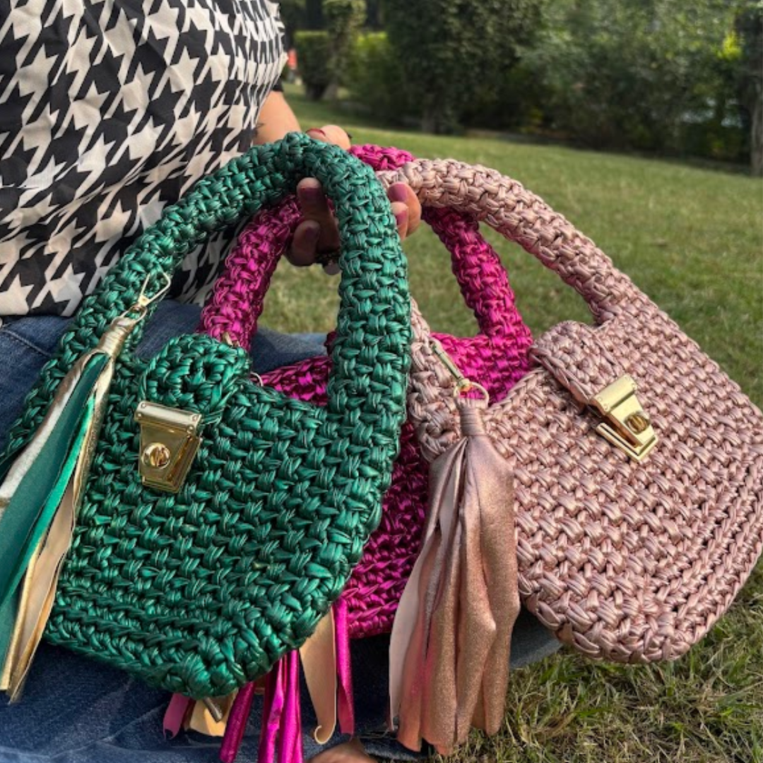 Shiroli Handmade Metallic Emerald Green - Top Handle Satchel Crochet Bag- Image 7