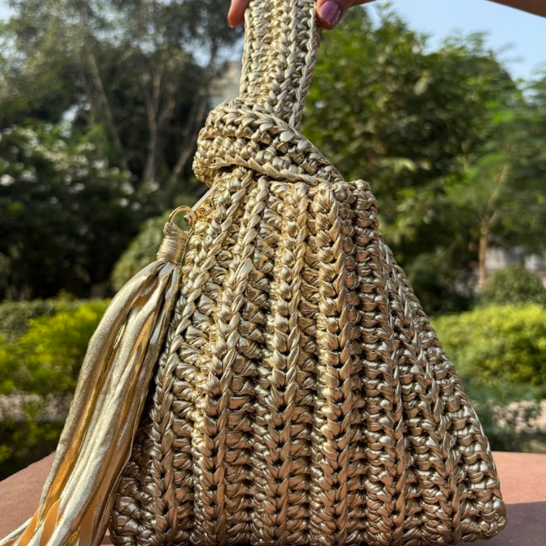 Shiroli Handmade Metallic Gold - Japanese Knot Crochet Bag - Image 4