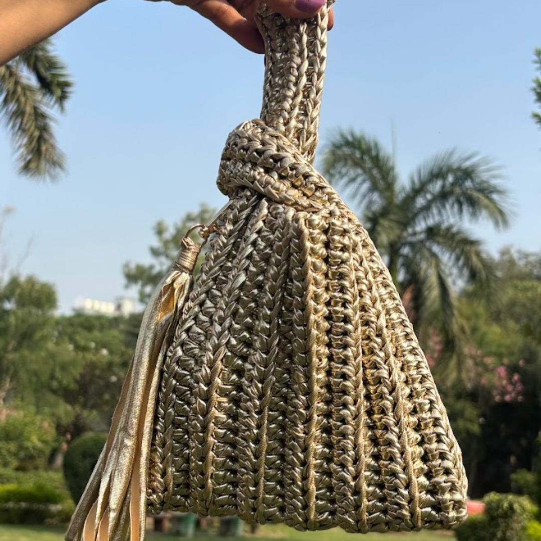 Shiroli Handmade Metallic Gold - Japanese Knot Crochet Bag - Image 1