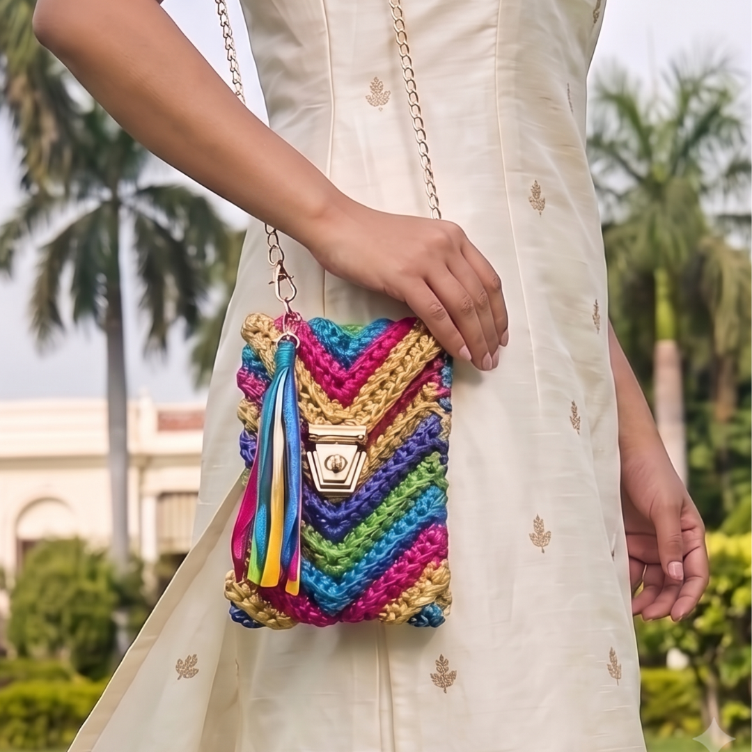 Shiroli Handmade Metallic Particolored - Mobile Sling Crochet Bag- Image 8