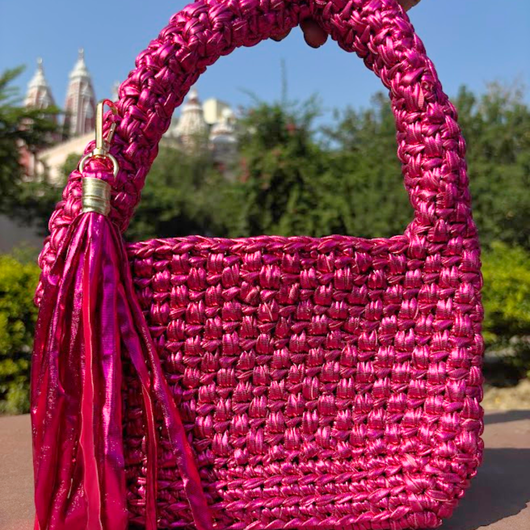 Shiroli Handmade Metallic Rose Gold -  Top Handle Elite Crochet Bag- Image 4