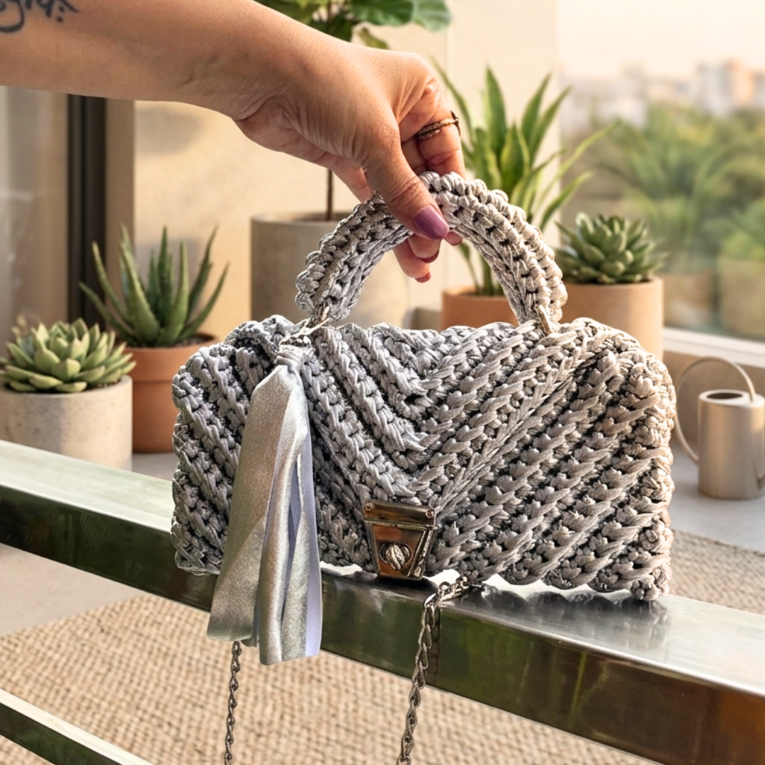 Shiroli Handmade Metallic Silver - Braided Crochet Bag- Image 5